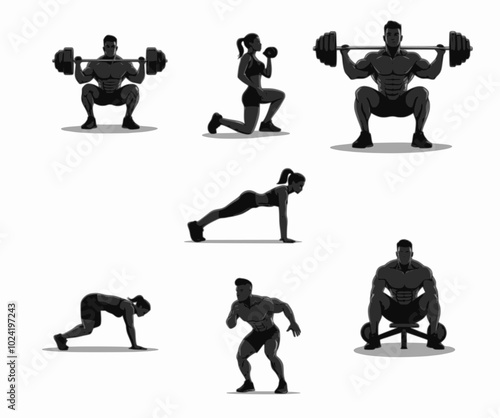 Bodybuilding silhouettes. Vector silhouettes man and women, illustration. 