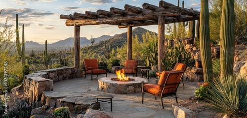 Serene desert setting with a stone pergola, central fire pit, and cacti garden.