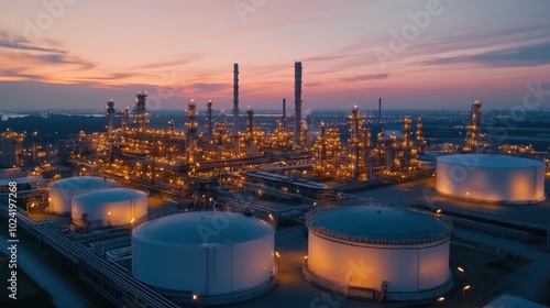 An industrial complex where hybrid oil and gas solutions are implemented, using renewable energy to power machinery while reducing carbon emissions