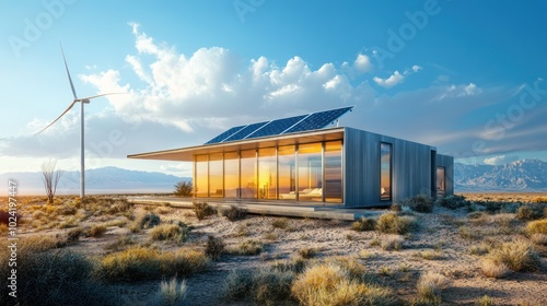 An off-grid home in a desert, equipped with solar panels, wind turbines, and battery storage, providing reliable electricity in an area far from the main grid