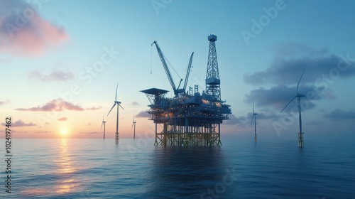 An offshore oil platform surrounded by wind turbines, integrating renewable energy sources to reduce its environmental impact while producing sustainable oil
