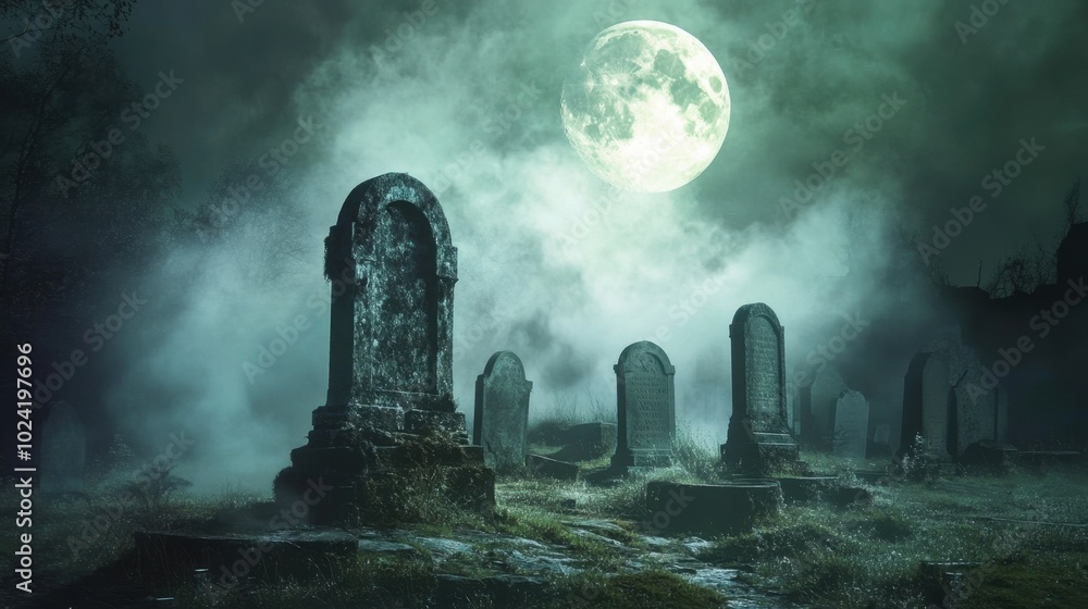Old, decrepit graveyard with weathered tombstones, fog rolling over the ground, and a full moon glowing in the background. Old, decrepit graveyard with weathered tombstones, fog rolling over the ground, and a full moon glowing in the background.