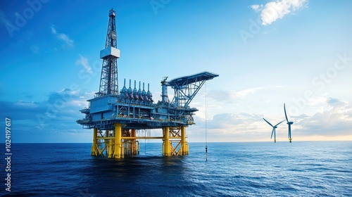 An oil rig equipped with wind turbines, showcasing a hybrid system where traditional oil production is supplemented by renewable energy to reduce environmental impact photo