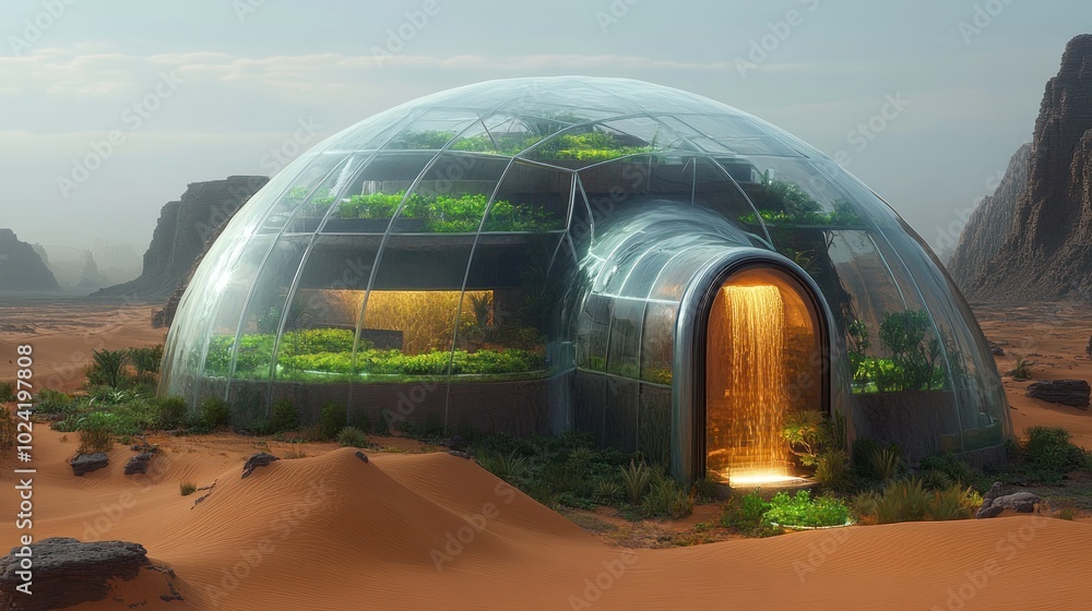 A futuristic geodesic dome home with lush greenery inside sits in a desert landscape with rocky mountains in the background. A futuristic geodesic dome home with lush greenery inside sits in a desert landscape with rocky mountains in the background.