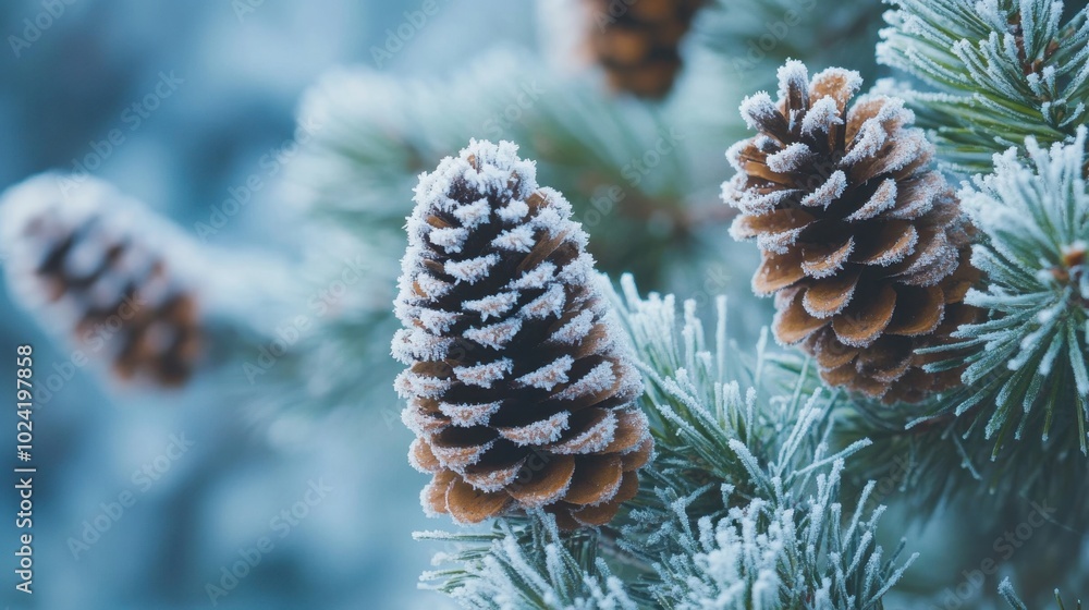 Pine cones covered in frost on green branches with an icy blue background, creating a serene winter holiday scene. Pine cones covered in frost on green branches with an icy blue background, creating a serene winter holiday scene.