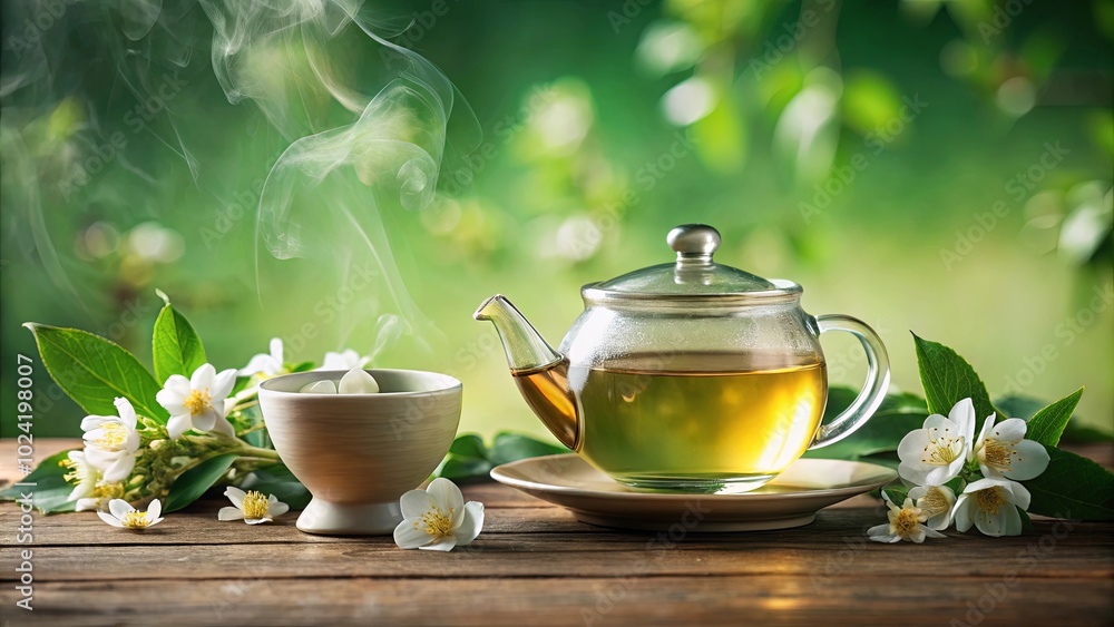Aromatic Steam Rising From a Teapot, Surrounded by Delicate White Blossoms on a Wooden Table Aromatic Steam Rising From a Teapot, Surrounded by Delicate White Blossoms on a Wooden Table