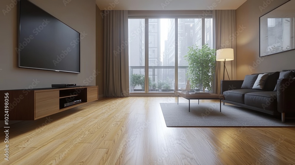 Cozy modern living room with natural light, plants, and stylish furniture. Cozy modern living room with natural light, plants, and stylish furniture.
