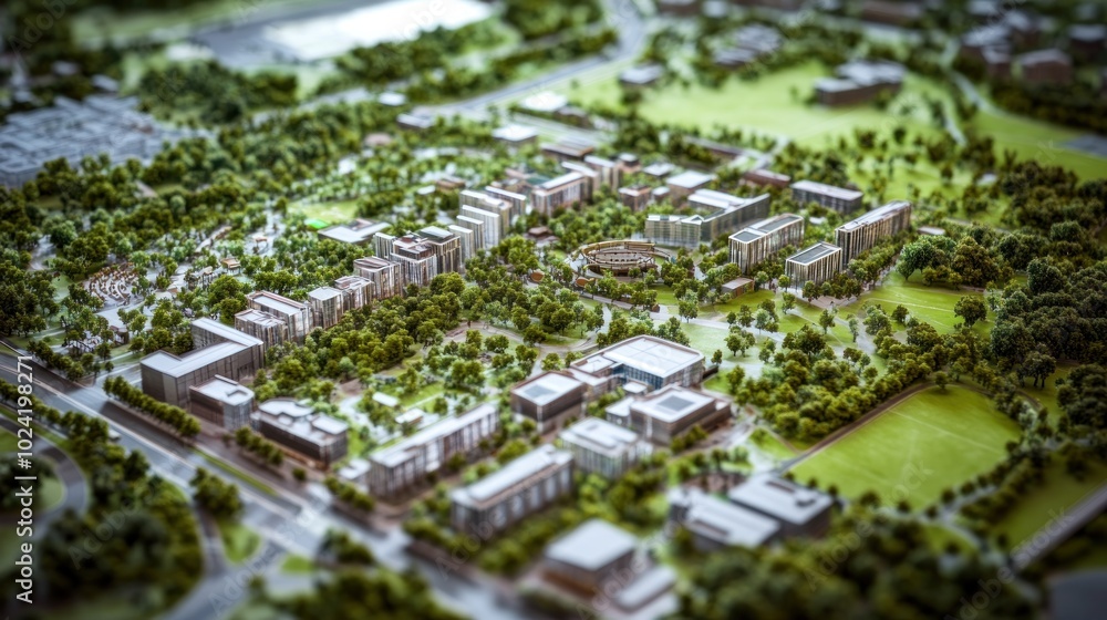 Detailed Model of a Cityscape with Green Spaces and Buildings Detailed Model of a Cityscape with Green Spaces and Buildings