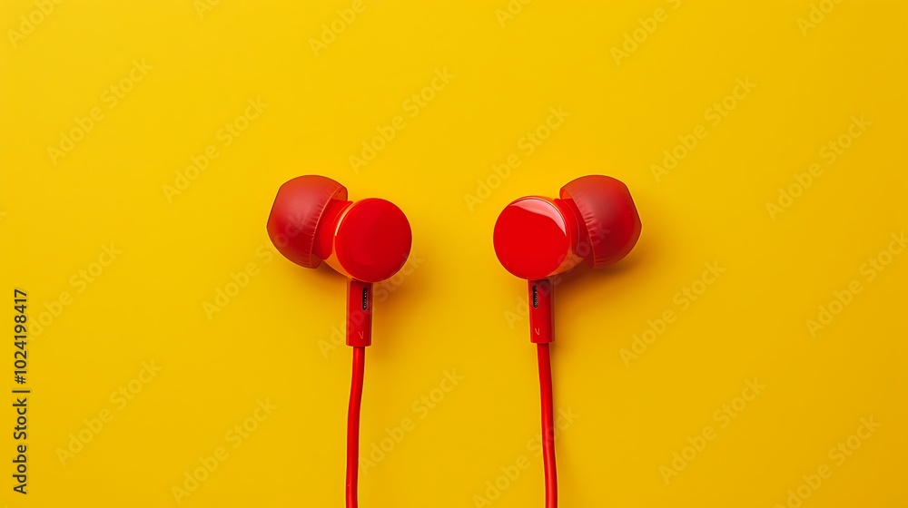 Bright red earbud headphones isolated on a bright yellow background with copy space Bright red earbud headphones isolated on a bright yellow background with copy space