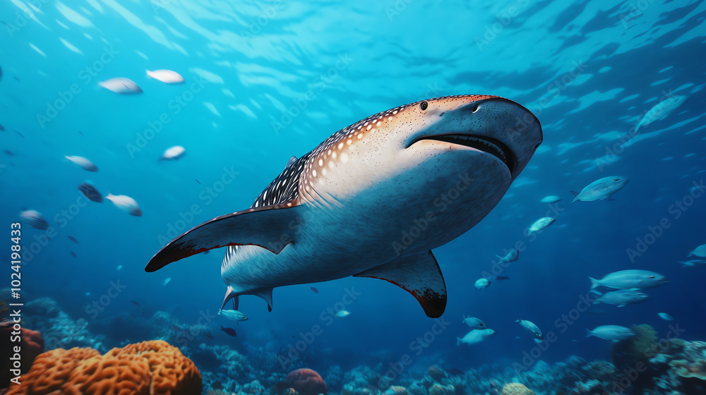 Fototapeta premium A majestic whale shark swimming gracefully through a vibrant coral reef, showcasing its unique patterns against the backdrop of the clear blue ocean.