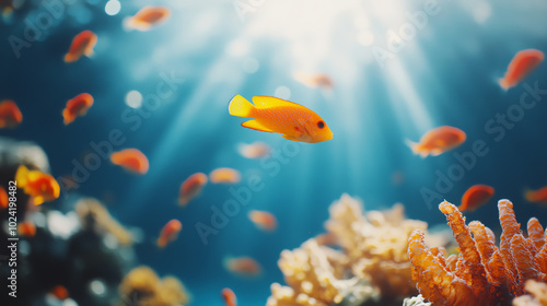 Colorful underwater scene featuring vibrant fish and coral in a sunlit ocean, showcasing the beauty of marine life and biodiversity beneath the waves. photo