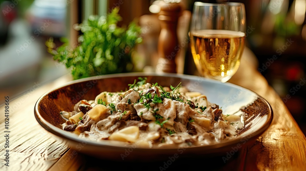 Creamy Mushroom Pasta with a Glass of White Wine Creamy Mushroom Pasta with a Glass of White Wine