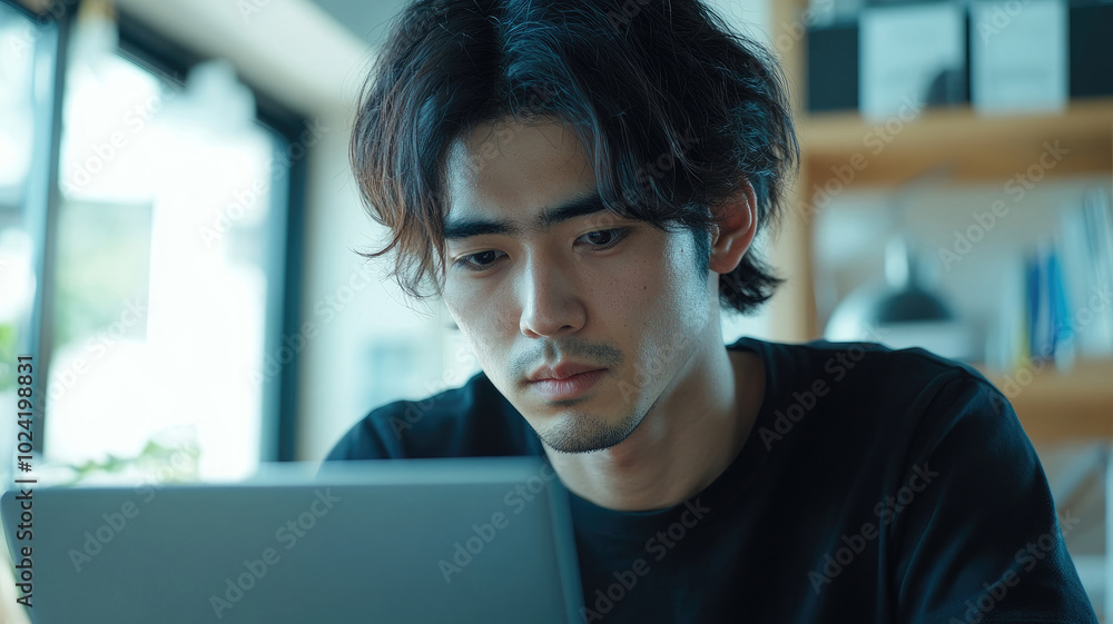 Focused young Asian man working on laptop in a bright modern workspace with natural light Focused young Asian man working on laptop in a bright modern workspace with natural light