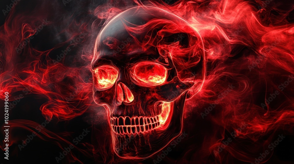 A glowing skull surrounded by swirling red smoke, evoking a dark and eerie atmosphere. A glowing skull surrounded by swirling red smoke, evoking a dark and eerie atmosphere.