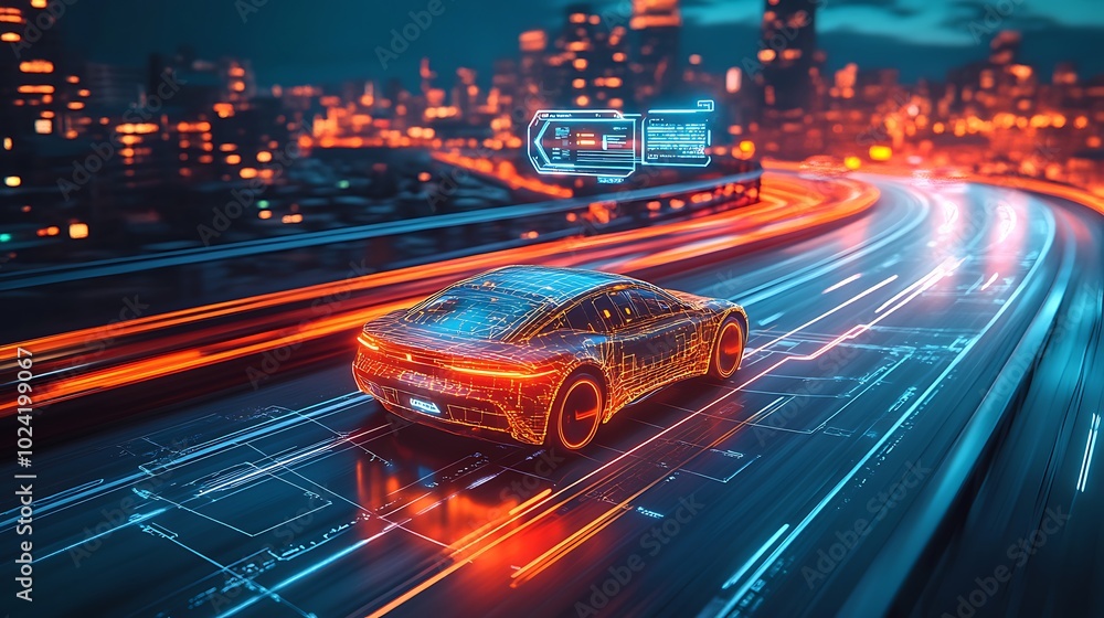 Autonomous car cruising on a high-tech highway, glowing holographic data icons floating above indicating speed and AI navigation, futuristic city in the background, Autonomous car cruising on a high-tech highway, glowing holographic data icons floating above indicating speed and AI navigation, futuristic city in the background,