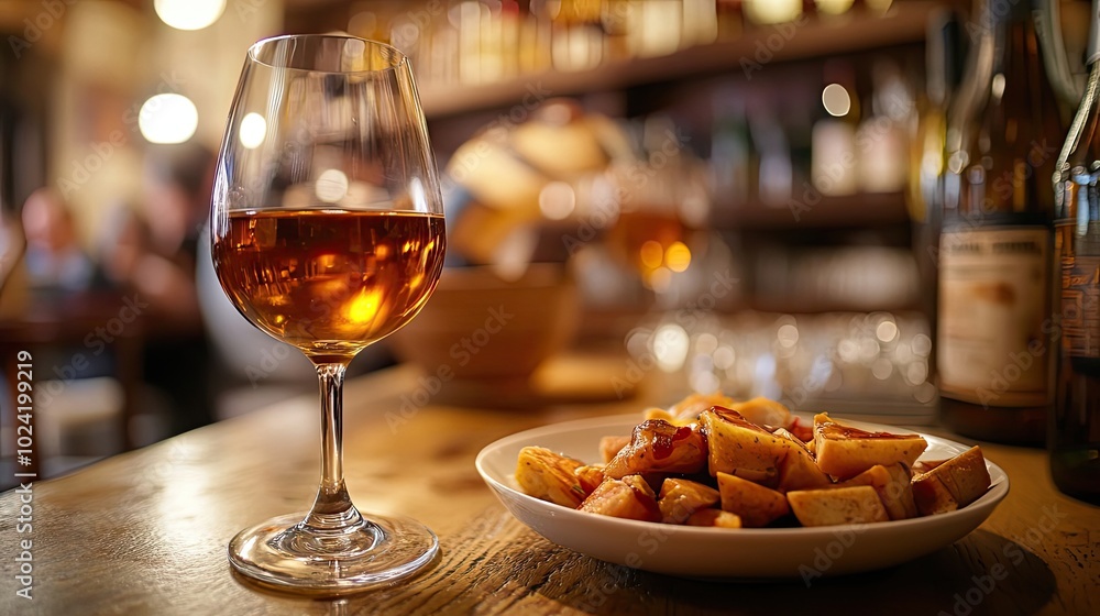 A Glass of Wine, Roasted Potatoes, and a Blurred Bar Background A Glass of Wine, Roasted Potatoes, and a Blurred Bar Background
