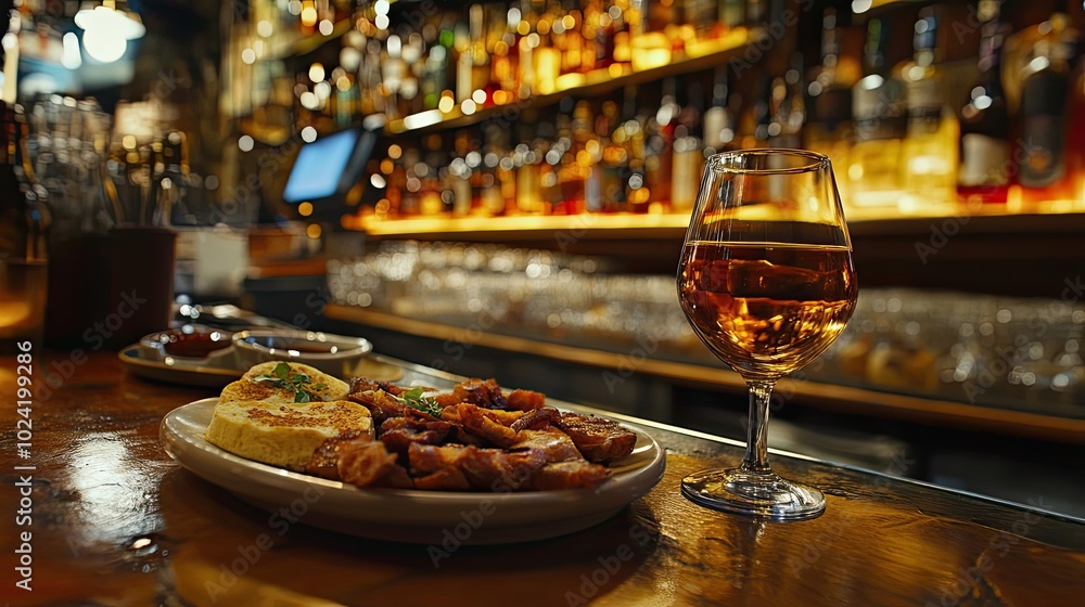 A Glass of Wine and Appetizers on a Bar Counter A Glass of Wine and Appetizers on a Bar Counter
