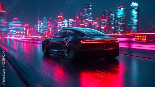 Autonomous car cruising on a high-tech highway, interactive holographic data projections showing real-time speed, navigation, and safety features, advanced cityscape illuminated in neon colors,