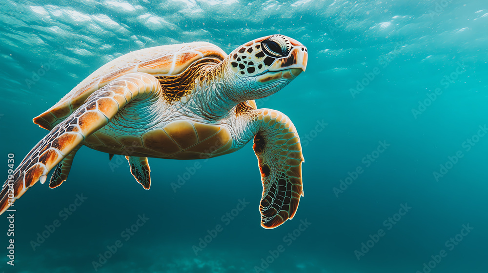 Fototapeta premium A graceful sea turtle gliding through the clear ocean waters, showcasing its intricate shell patterns and serene underwater environment.