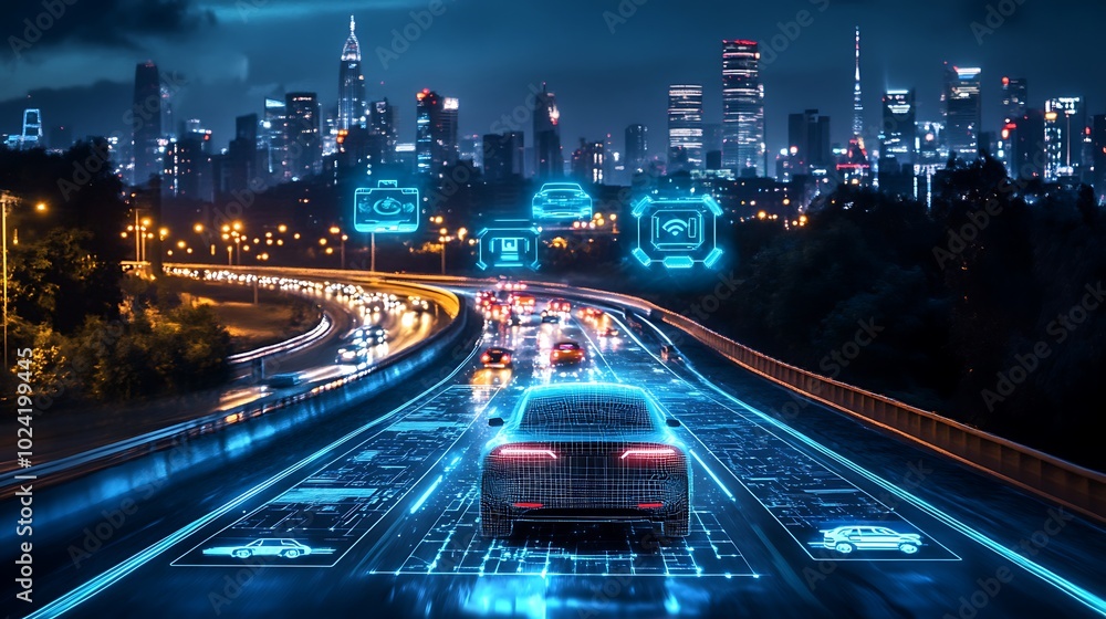 Fototapeta premium Autonomous car cruising on a smart highway, glowing digital icons indicating traffic, speed, and vehicle status floating above the car, futuristic environment, dynamic city skyline in the background,