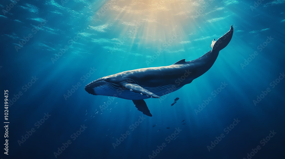 A majestic blue whale glides through the deep blue ocean, surrounded by vibrant sunlight filtering from above, showcasing the beauty of marine life. A majestic blue whale glides through the deep blue ocean, surrounded by vibrant sunlight filtering from above, showcasing the beauty of marine life.