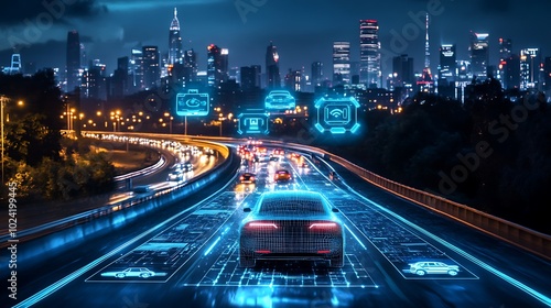 Autonomous car cruising on a smart highway, glowing digital icons indicating traffic, speed, and vehicle status floating above the car, futuristic environment, dynamic city skyline in the background,