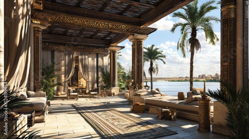 Nile-side lounge area in Egypt with Pharaonic designs and pergola.