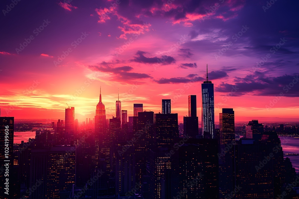 Fototapeta premium A Vibrant Sunset Illuminates a City Skyline