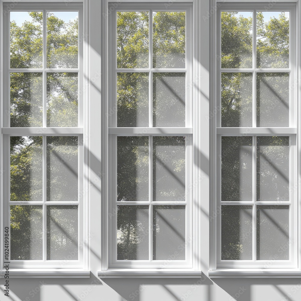 Three White Windows with Sunlight and Trees Three White Windows with Sunlight and Trees