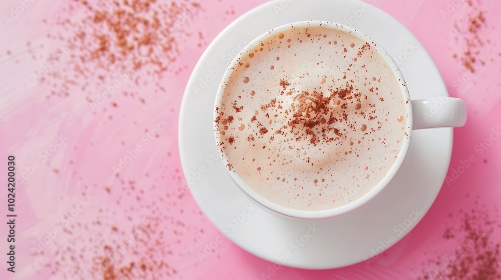 Cappuccino with a sprinkle of nutmeg on top on pink background Cappuccino with a sprinkle of nutmeg on top on pink background