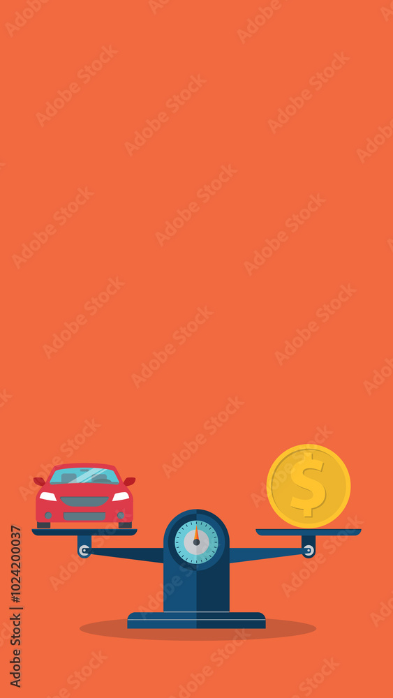 Car and coin on the lever. Car value concept. Car and coin on the lever. Car value concept.