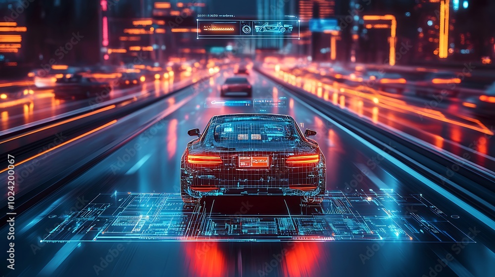 Autonomous car on a busy highway, colorful digital displays floating above showing navigation, traffic alerts, and road safety, futuristic city glowing in vibrant neon lights, Autonomous car on a busy highway, colorful digital displays floating above showing navigation, traffic alerts, and road safety, futuristic city glowing in vibrant neon lights,