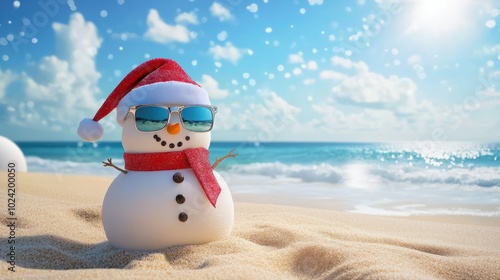 snowman with sunglasses on sunny beach - beach christmas concept