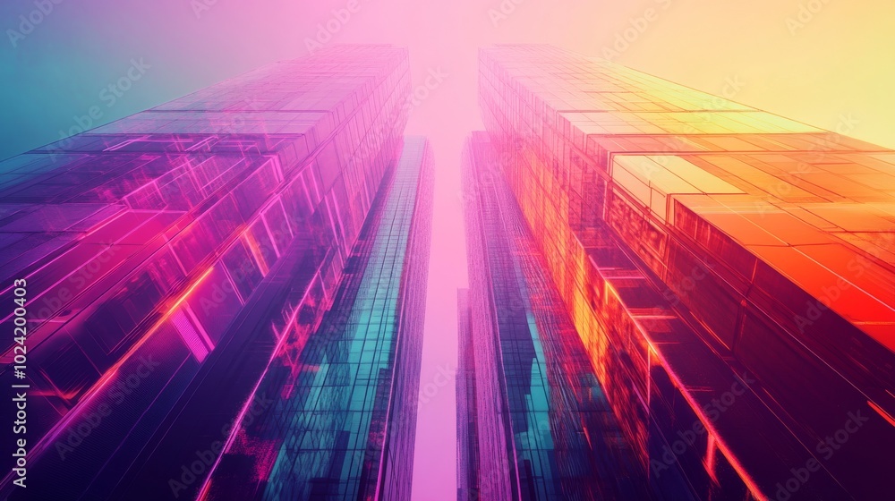 Fototapeta premium Creative portrayal of a futuristic skyscraper in double exposure, merging with neon hues and abstract designs.
