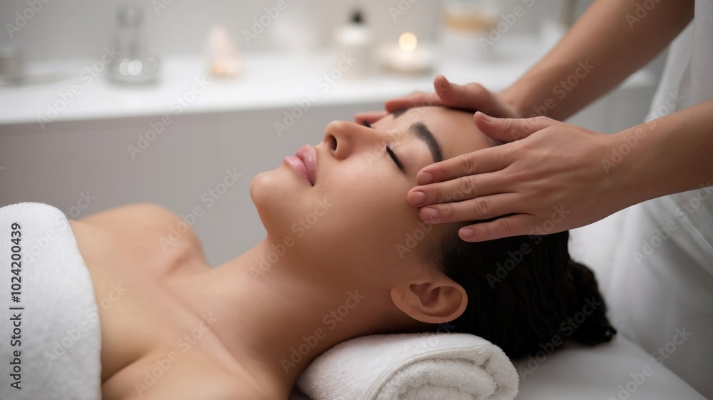 Woman receiving a relaxing facial treatment in a serene spa environment. Woman receiving a relaxing facial treatment in a serene spa environment.