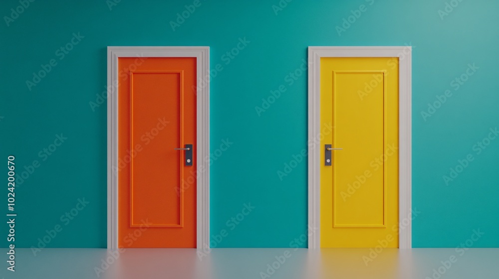 A vibrant image featuring orange and yellow doors against a teal wall, creating a modern, colorful interior design aesthetic. A vibrant image featuring orange and yellow doors against a teal wall, creating a modern, colorful interior design aesthetic.