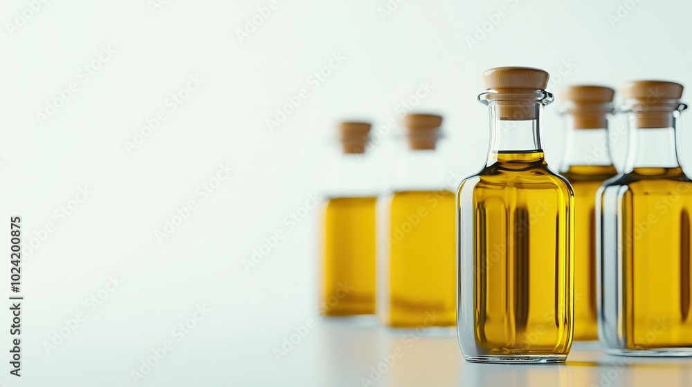 A set of bottles filled with olive oil is presented against a white background, showcasing culinary elegance.. A set of bottles filled with olive oil is presented against a white background, showcasing culinary elegance..