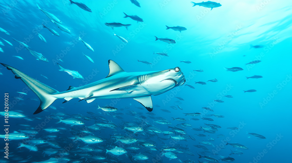 Fototapeta premium A stunning underwater scene featuring a sleek shark swimming gracefully among a school of fish in clear blue waters, showcasing the beauty of marine life.