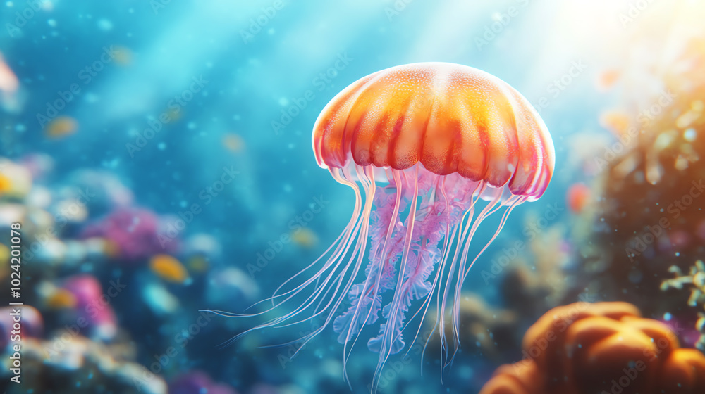 A vibrant jellyfish gliding gracefully through the crystal-clear ocean, surrounded by colorful coral and bubbles, showcasing the beauty of marine life in a mesmerizing underwater s A vibrant jellyfish gliding gracefully through the crystal-clear ocean, surrounded by colorful coral and bubbles, showcasing the beauty of marine life in a mesmerizing underwater s