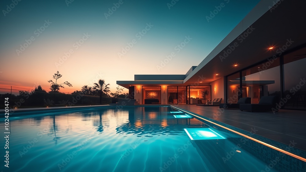 Fototapeta premium Aerial View of Modern Villa Swimming Pool with Neon LED Lights - Photorealistic 32K Image