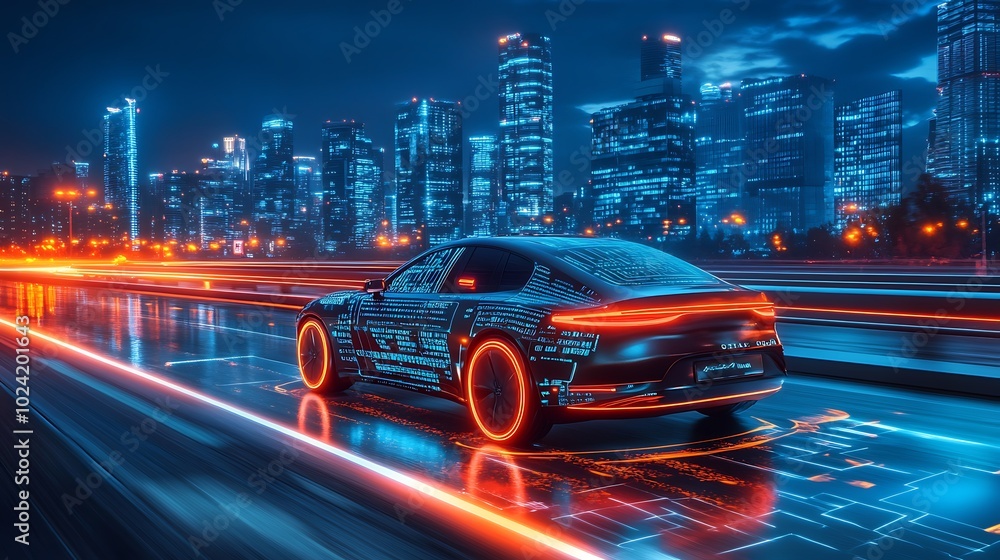 Autonomous car on a sleek highway, interactive digital interface projecting speed, vehicle diagnostics, and safety data in real-time, advanced cityscape glowing in the background, Autonomous car on a sleek highway, interactive digital interface projecting speed, vehicle diagnostics, and safety data in real-time, advanced cityscape glowing in the background,