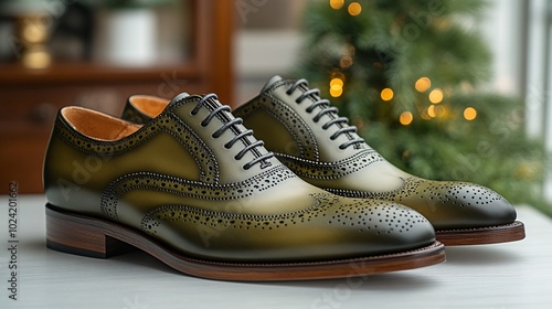 Elegant, handcrafted green leather dress shoes with intricate detailing, perfect for formal occasions and stylish ensembles.