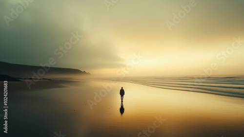 Man with shadow walking in beach sunset time