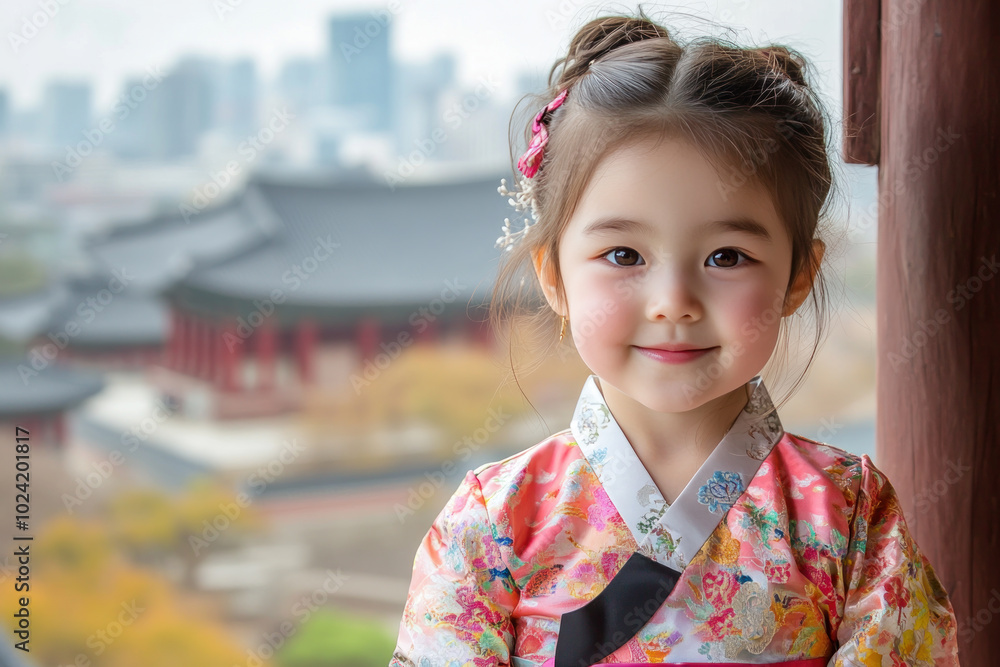 Canadian little girl in traditional hanbok costume at korean village palace Canadian little girl in traditional hanbok costume at korean village palace