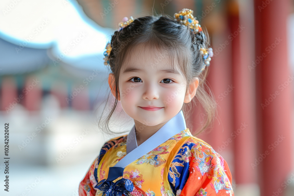 Chinese little girl in traditional hanbok costume at korean village palace Chinese little girl in traditional hanbok costume at korean village palace