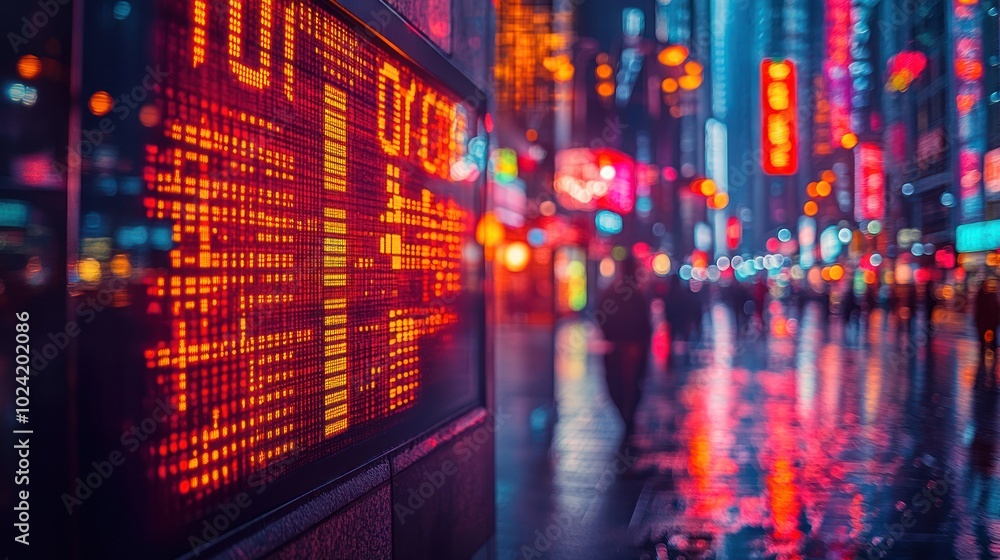 A vibrant city scene at night with illuminated signs and reflections on wet pavement. A vibrant city scene at night with illuminated signs and reflections on wet pavement.