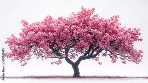 A vibrant pink tree in full bloom stands against a minimalist background, showcasing the beauty of nature and spring.