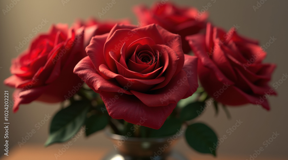 Close-up of red roses in a beautiful bouquet with soft lighting, warm lighting creating a romantic atmosphere Close-up of red roses in a beautiful bouquet with soft lighting, warm lighting creating a romantic atmosphere