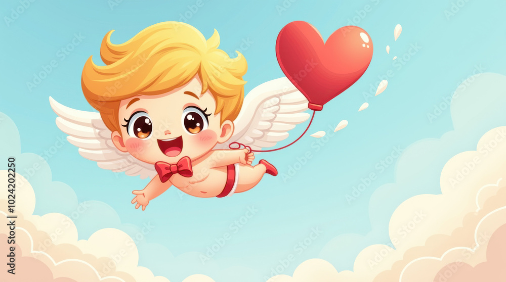 Cute cupid flying among clouds in pastel sky Cute cupid flying among clouds in pastel sky