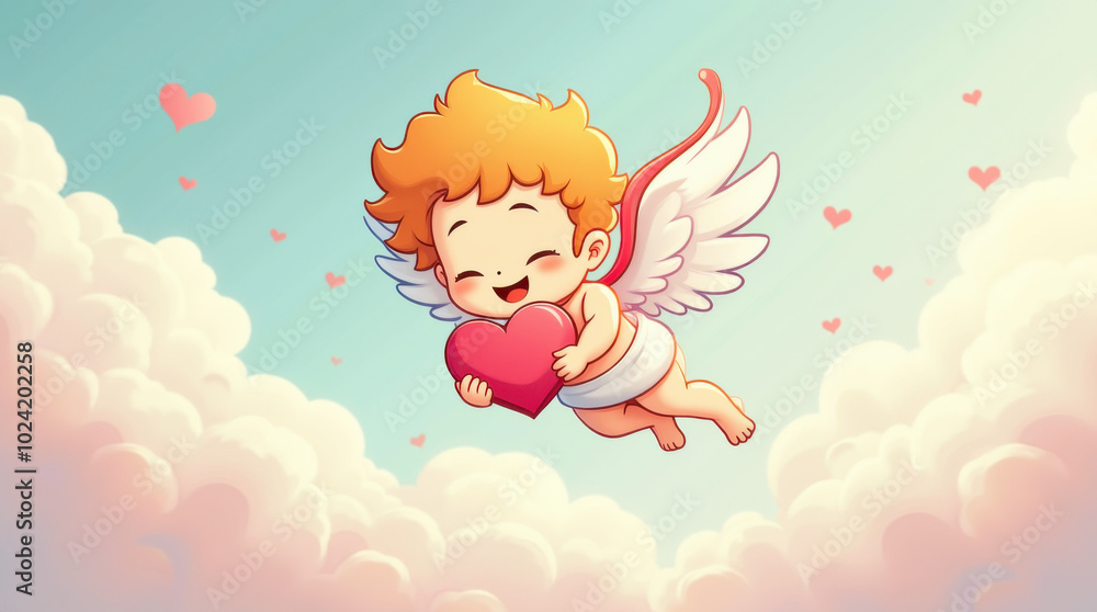 Cute cupid flying among clouds in pastel sky Cute cupid flying among clouds in pastel sky